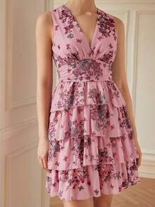 BELROSIE French Retro Elegant V-Neck Sleeveless Ruched Waist Multilayer Ruffled Contrast Color Floral Print Chiffon Mini Dress For Women - Dusty Pink - View 3