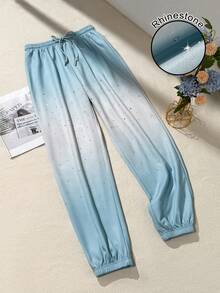 GlowEve Women's Fashion Casual Ombre Pattern Print Rhinestone Elastic Waist Drawstring Ankle Pants, Suitable For Daily Wear - Blue - View 1