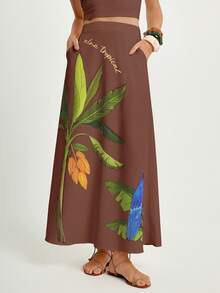 CAJUNI Women's Tropical Print Long Skirt, Casual Summer Holiday, Maxi Skirt - Brown - View 2