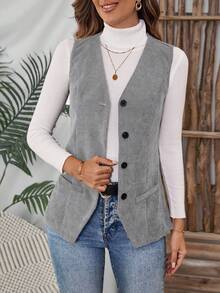 Áo vest dáng suông tối giản bằng vải nhung kẻ, cỡ lớn, thích hợp mặc mùa thu. - Màu Xám nhạt - Xem 5