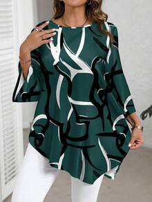 EMERY ROSE Blusa suelta, elegante y de talla grande con estampado de bloques de color - Verde Oscuro - Ver 6