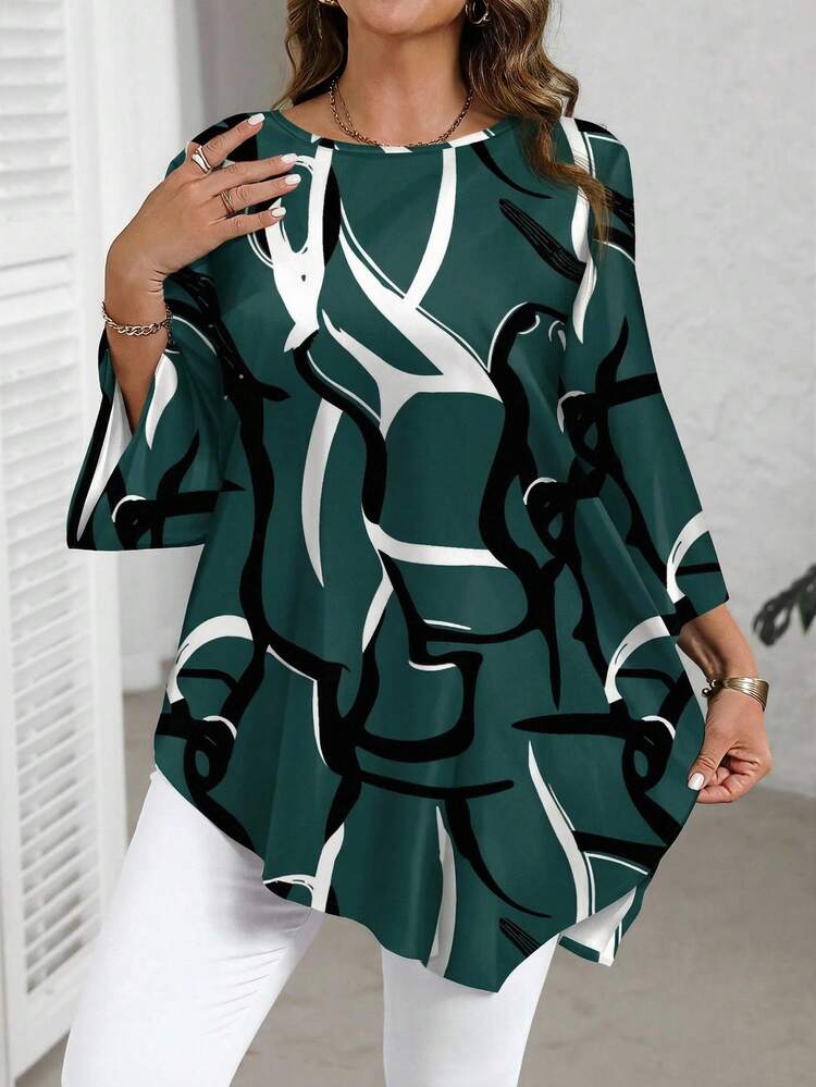 Plus Size Colorblock Print Loose Casual Elegant Blouse