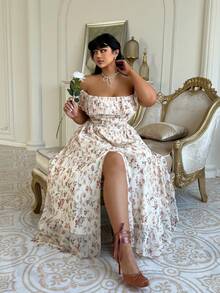 Lyrianda Plus Size Women's Beige Summer Off Shoulder Floral Print Midi Dress,Curve Elegant Wedding Guest Party Holiday Cottagecore Modest Wildflower Dress - Multicolor - View 5