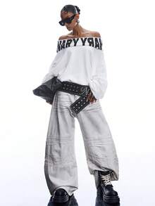 LYSMO Sudadera holgada y casual con estampado de letras y hombros caídos, versátil para uso diario en primavera/otoño - Blanco y Negro - Ver 8