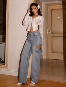 SHEIN Glamour 优雅波西米亚风钩针提花V领修身长袖镂空透视极简主义女式外套，适合度假、约会、户外活动穿着。 - 白色 - 查看 6