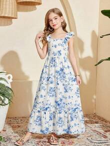 SHEIN Đầm mùa hè cho bé gái tuổi teen, họa tiết hoa xanh trắng, viền bèo nhún, eo thắt, phong cách boho, thích hợp cho kỳ nghỉ biển. - Xanh và trắng - Xem 2