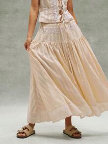 Bohemela Women's Summer Casual Romantic French Style Beachwear Bohemian Country Music Festival Jacquard Woven Patchwork Embroidered A-Line Elastic Waist Loose Long Skirt, A Relaxed And Free-Spirited Style, Fashionable Women's Clothing, Beachwear, Summer Vacation Wear. - Apricot - View 2