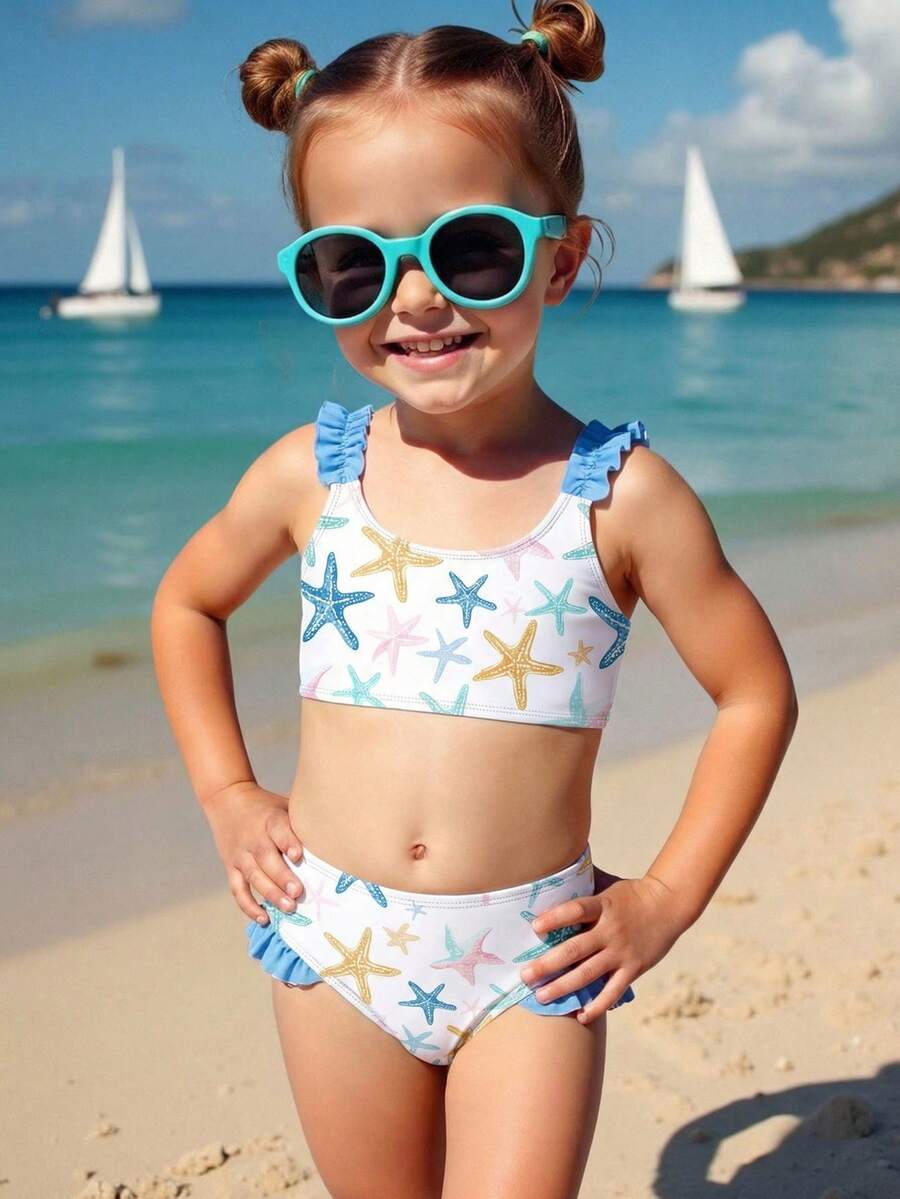 Sparklyn Young Girl Starfish Print Ruffle Trim Bikini Set - Multicolor - View 1