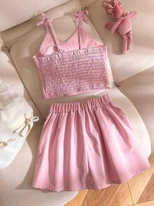 SHEIN 2 pezzi/Set Bambine Estivo Top Canotta con Scollo Irregolare e Design Fiocco Sulla Schiena & Gonna Plissettata, Completo Rosa Minimalista alla moda Casual/Vacanza - Rosa - Visualizzare 2