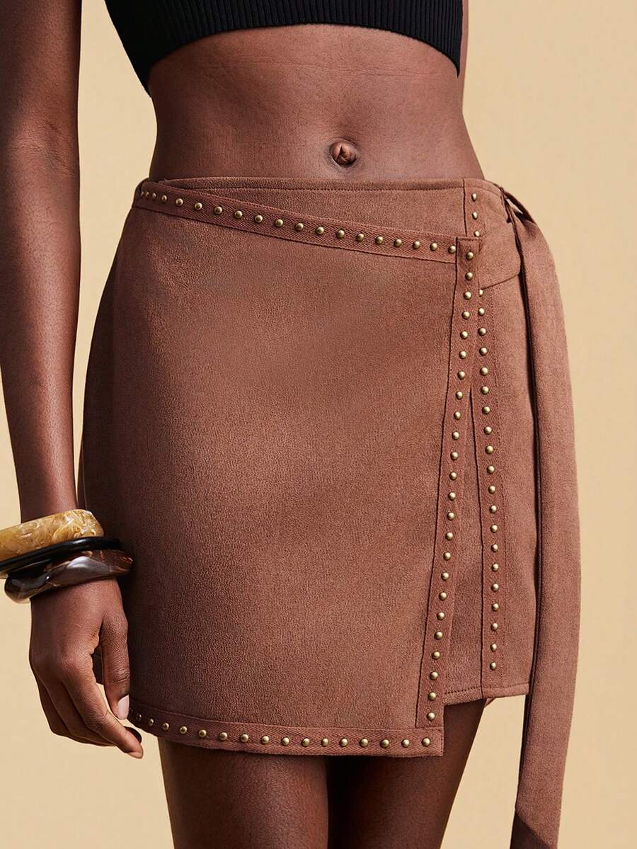 Travachic 波西米亚风休闲度假沙滩短裤，腰部系带，荷叶边装饰，适合女性，秋季女装，秋装 - 棕色 - 查看 1