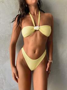 Aloruh 女士夏季性感沙滩度假风纯色纹理面料金属装饰露背系带开衩比基尼套装 - 黃色 - 查看 7