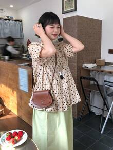 DAZY Women's Round Neck Polka Dot Korean Style Petal Sleeve Ruffle Trim Fresh Sweet Girl Blouse - Apricot - View 4