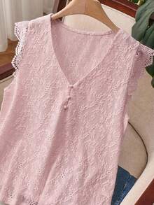 SHEIN Frenchy 大码纯色蕾丝边简约优雅T恤，夏季短袖T恤，度假必备，夏季女装，休闲日常穿着 - 藕粉色 - 查看 6