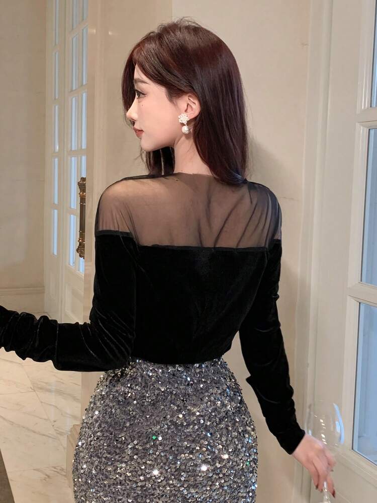 Women's Round Neck Velvet & Mesh Patchwork Slim Fit Elegant Pullover Blouse