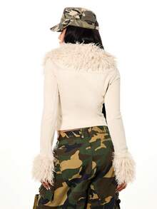 SUMWON WOMEN Faux Fur Trim Suede Cropped Bomber Jacket Winter Outerwear Statement Piece - Apricot - View 2