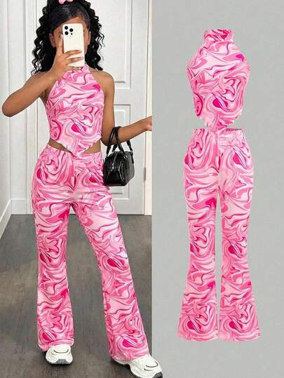 Conjunto de 2 piezas para niñas preadolescentes con top de camisola de punto con corazón y estampado floral diminuto, y pantalones acampanados. Conjunto de moda casual y lindo para salidas, sesiones de fotos, parque, campamento, uso diario, fiestas, vacaciones.