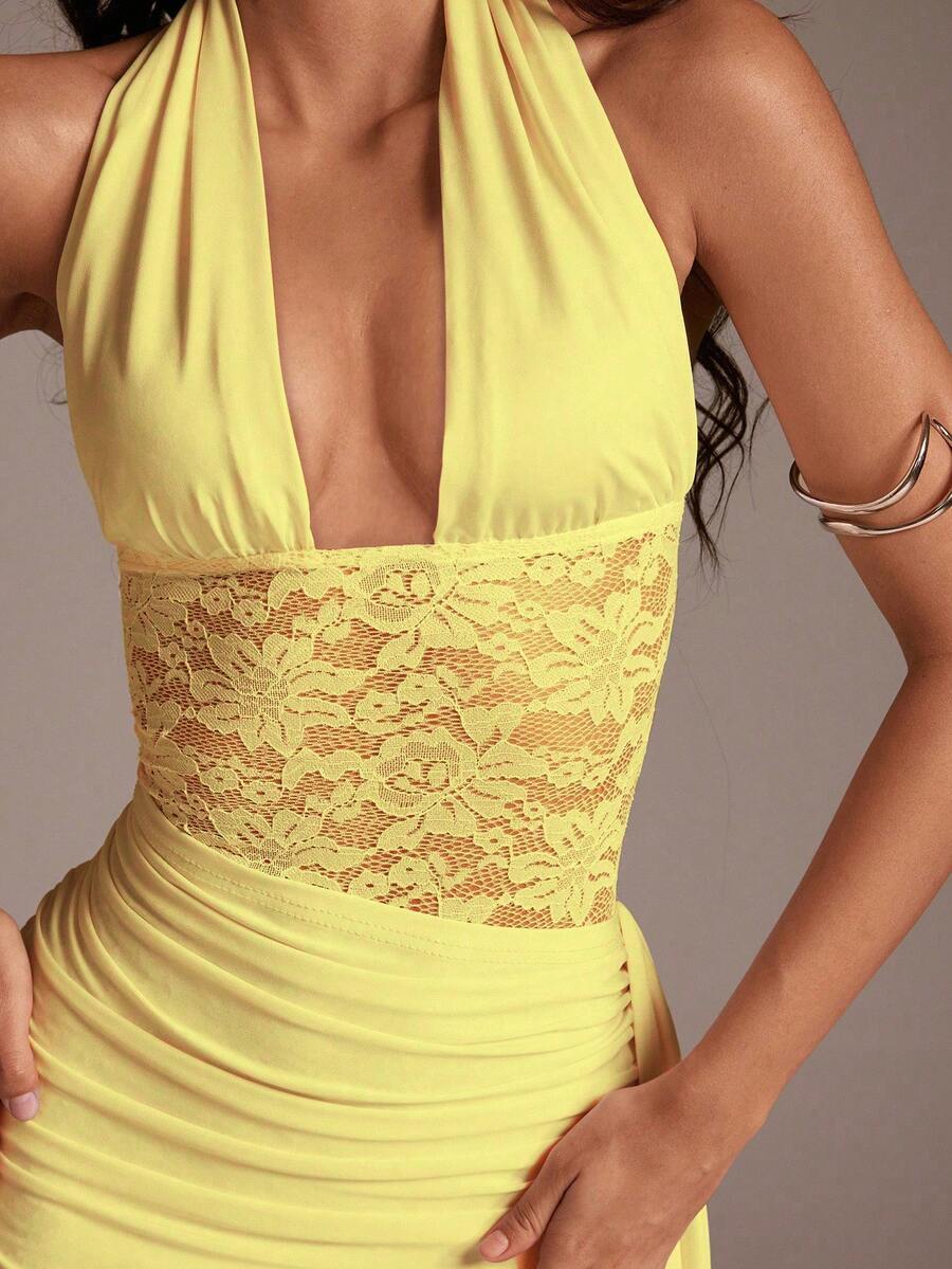 SHEIN PETITE 1件女款黃色夏季70年代夜店派對迪斯可深V領蕾絲拼接繫腰貼身派對洋裝,春夏舞會晚禮服,適合嬌小女性 - 淡黃色 - 查看 1