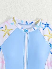 SHEIN 少女海星印花拉链连体泳衣，适合度假、游泳池、夏季假日派对、休闲海滩穿着。少女泳衣套装，少女全包覆泳衣，少女泳衣，少女泳衣，女士夏季泳装，少女泳衣，保守款泳衣，少女长袖泳衣，拉链泳衣，少女长袖泳衣，长袖防晒泳裤，女士夏季两件套泳衣。 - 藍色 - 查看 3