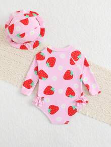 Bộ đồ bơi liền thân dài tay in hoa cho bé gái sơ sinh/trẻ nhỏ, kèm mũ bơi, 2 món. - Hồng - Xem 2