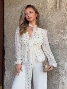 Jeta Ari Blusa casual de estilo francés con patrón de hojas metálicas, volantes desmontables y dobladillo con volantes, para otoño/invierno - Albaricoque - Ver 6
