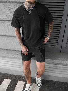 SLATEMANN Men's Solid Color Round Neck Short Sleeve Casual Minimalist Summer Versatile T-Shirt Set Mens Tee Shirts - Black - View 3