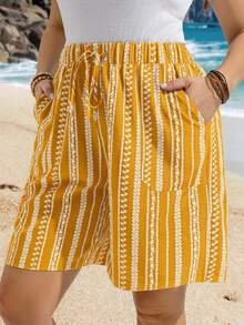 EMERY ROSE Plus Size Summer Vacation Beach Allover Print Drawstring Waist Shorts - Yellow - View 4