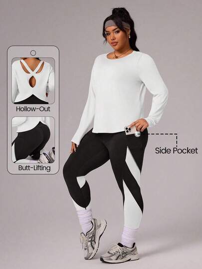 Rhythm Era Rhythm Era Plus Size Solid Color Minimalist Long Sleeve Top & Pants Sports Suit (Plus Size Activewear / Plus Size Gym Wear / Curve Activewear Top / Plus Size Yoga Set / Curve Workout Clothes / Women's Workout Set)