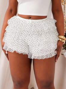 SHEIN SXY Quần short cỡ lớn in chấm bi, chất liệu lưới phối nhiều mảnh, co giãn, kiểu dáng công nghiệp, cạp cao xếp lớp, thích hợp mặc hàng ngày, trang phục phương Tây, trang phục đi du lịch, lễ hội âm nhạc, hòa nhạc, tiệc hóa trang, kỳ nghỉ biển, hẹn hò, sinh nhật, tiệc tùng, câu lạc bộ, dễ thương, giản dị, mua sắm, thời trang đường phố, đi chơi, dễ phối đồ và giúp thon gọn, tôn dáng, làm nổi bật vóc dáng, ngày Valentine. - trắng - Xem 10