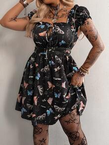 Whyspr Drawstring Square Neck Printed Short Sleeve Waist Cinched Dress - Black - View 3