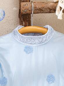 SHEIN Elladie kids 女童立领短袖刺绣花卉优雅夏季连衣裙 - 藍色 - 查看 12
