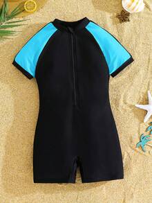 SHEIN Tween Boy Colorblock Zipper Half-Zip Short Sleeve One-Piece Swimsuit, Summer Vacation - Blue - View 3