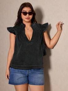 Elaquor Áo kiểu nữ cỡ lớn cổ chữ V tay ngắn dáng rộng thoải mái, thích hợp cho mùa xuân. - trắng - Xem 3