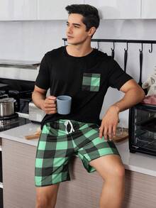 SHEIN 2pcs Plaid Print Men Sleepwear Pajama Set - Black - View 4