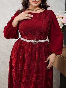 Modelyn Plus Size Women Floral Jacquard Round Neck Lantern Sleeve Elegant Dress Fall - Burgundy - View 9