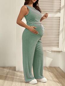 SHEIN 2件套孕妇休闲日常通勤撞色条纹印花无袖背心和可调节抽绳腰长裤，春夏秋季 - 綠色 - 查看 3