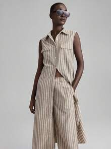 Ontre 2025新款乡村音乐节，舒适休闲风，条纹编织，棕色，无袖，贴袋，长款衬衫，女士衬衫，日常穿着，四季皆宜，舒适休闲装，休闲装，商务休闲女装，低调复古风，高品质精致美学，都市通勤，高端机场时尚 - 棕色 - 查看 6