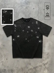 ROMWE MEN Street Life Herren Streetstyle Strass Dekor Lässig Rundhals Kurzarm T-Shirt, Sommer - Schwarz - Übersicht 7
