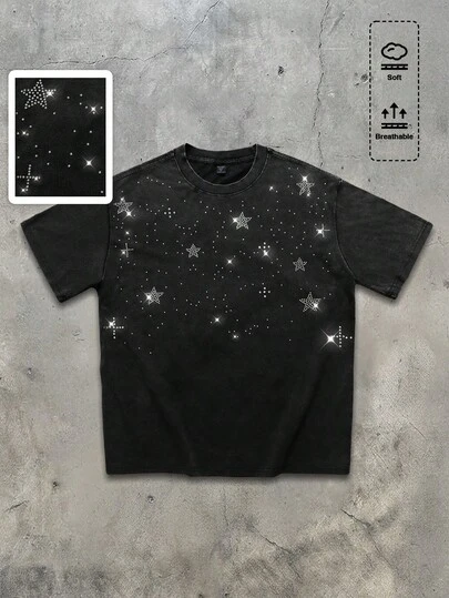 ROMWE MEN Men's Street Style Rhinestone Decor Casual Round Neck Short Sleeve T-Shirt, Summer