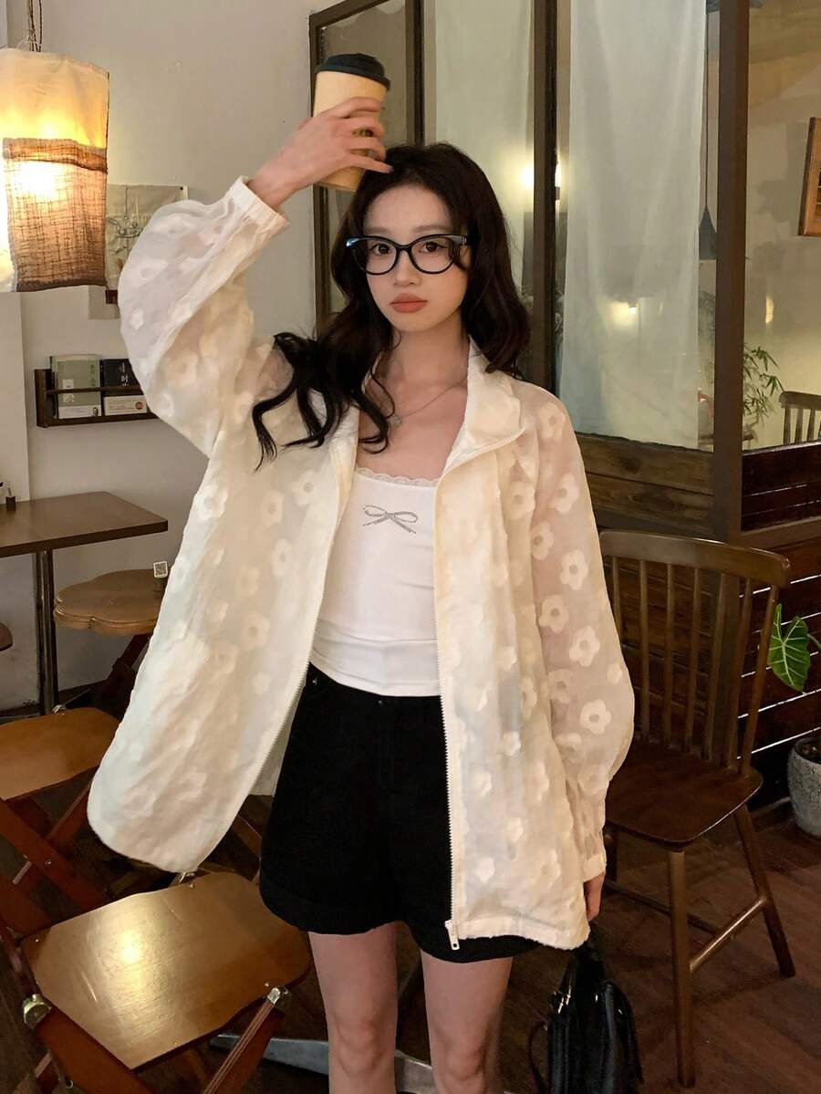 DAZY 女士小众清新花卉提花抽绳外套，轻薄长袖外套，百搭夏季新品 - 白色 - 查看 1