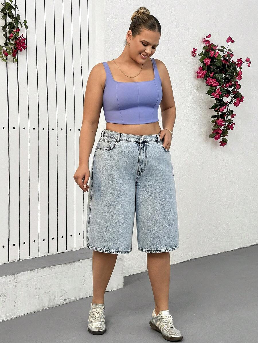 EURMUSE Quần short denim nữ cỡ lớn, 100% cotton. - Rửa trung bình - Xem 1