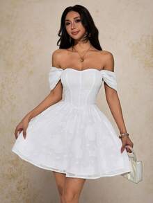 SHEIN PETITE 女士白色露肩浪漫连衣裙，适合约会、情人节、度假穿着 - 白色 - 查看 8