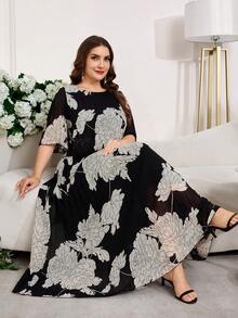 Reflora 大码女士优雅印花褶皱连衣裙 - 黑與白 - 查看 8