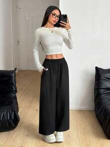 SHEIN PETITE 女士刺绣弹力腰阔腿休闲印花裤，春夏款 - 黑色 - 查看 14