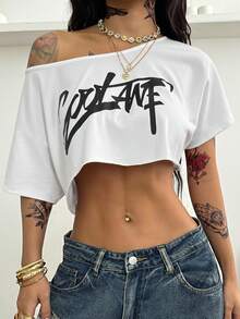 Coolane Women's Spring/Summer Streetwear Going Out Sport Casual Graphic Off Shoulder Slouchy Cropped White T-Shirt - White - View 2