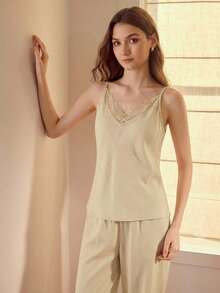 MOTF PREMIUM LACE TRIM CAMISOLE TOP AND LONG PANTS PAJAMA SET - Apricot - View 5