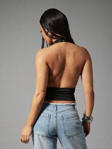 Denimoi Women's Solid Color Plunging Neck Backless Studded Decor Sexy Versatile Top For Dates & Parties - Black - View 2
