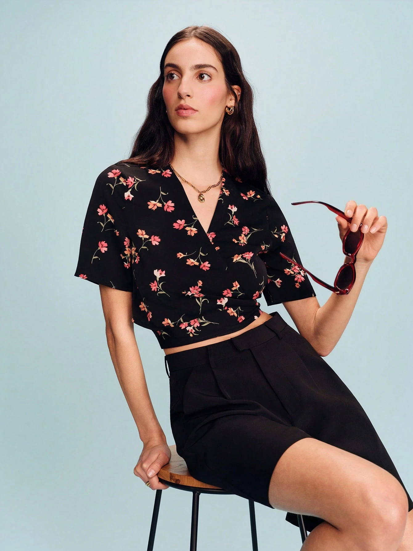 Wrap Crop Blouse With Floral Print And Deep V Neckline Vacation Top Spring Summer Style French Style Parisian Style Resort For Women