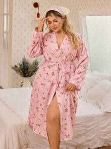 CottageSlumber 加大码花卉格纹泡泡褶皱长袖睡袍 - 粉色 - 查看 7