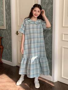 DAZY Tween Girl Plaid Print Ruffle Collar Casual Short Sleeve Dress - Blue - View 3