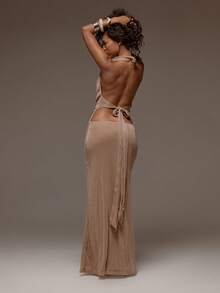 MUSERA Glitter Mesh Brown Cowl Plunge Halterneck Trim Detail Fitted Maxi Dress Spring Summer Holiday Vacation Beach Ibiza Festival Party Elegant Divinity - Yellow - View 2